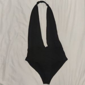 Black halter lowcut, backless body suit